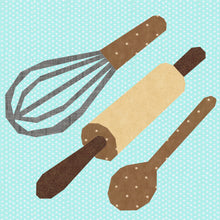 Load image into Gallery viewer, Live, Love, Bake, Baking Utensils, (Whisk, Rolling Pin and Wooden Spoon), Foundation Paper Piecing Pattern (FPP Pattern), Quilt Block, 4 sizes