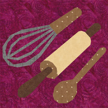Load image into Gallery viewer, Live, Love, Bake, Baking Utensils, (Whisk, Rolling Pin and Wooden Spoon), Foundation Paper Piecing Pattern (FPP Pattern), Quilt Block, 4 sizes