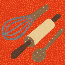 Load image into Gallery viewer, Live, Love, Bake, Baking Utensils, (Whisk, Rolling Pin and Wooden Spoon), Foundation Paper Piecing Pattern (FPP Pattern), Quilt Block, 4 sizes